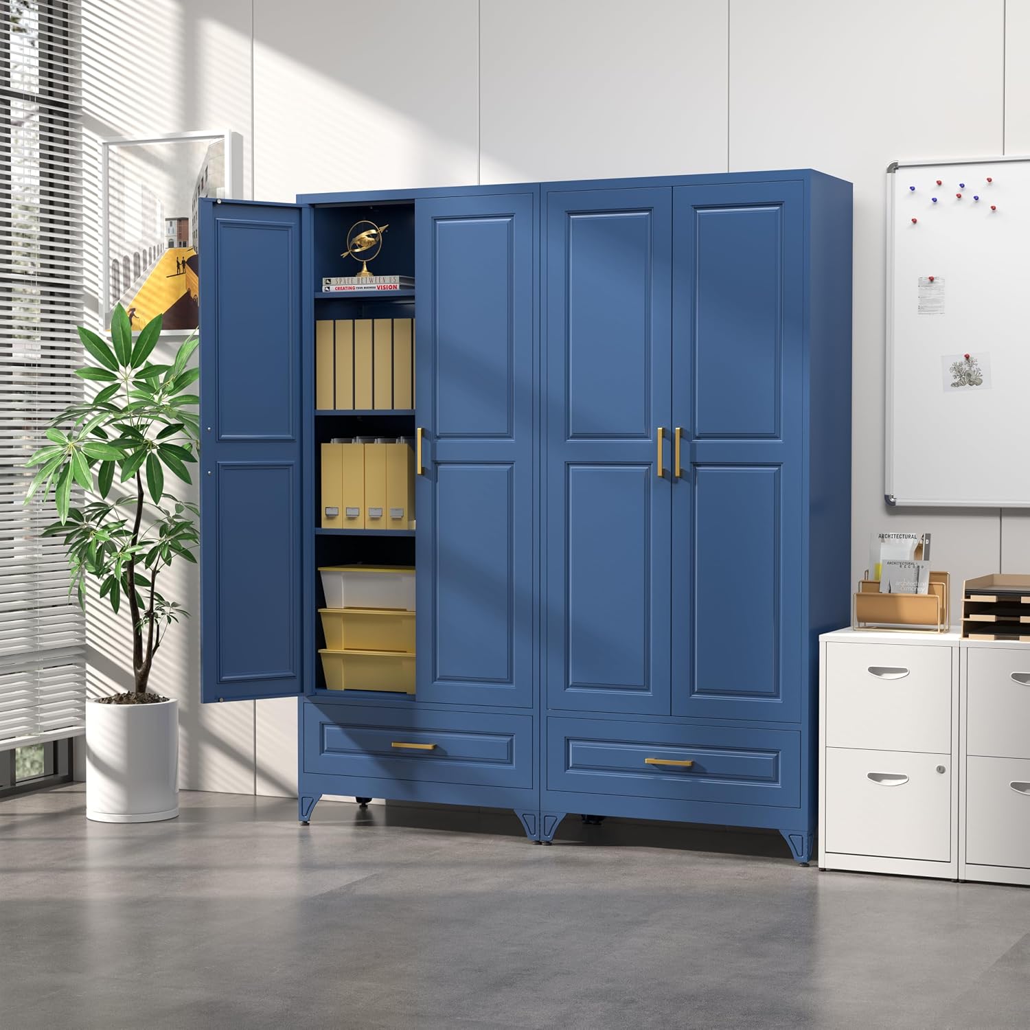 SteeLoong 75" Kitchen Pantry Cabinet with Drawer, Metal Storage Cabinets with Doors and 4 Adjustable Shelves,Blue Kitchen Cabinet with 2 Gold Handles,Food Cupboard for Livingroom,Pantry, Bathroom
