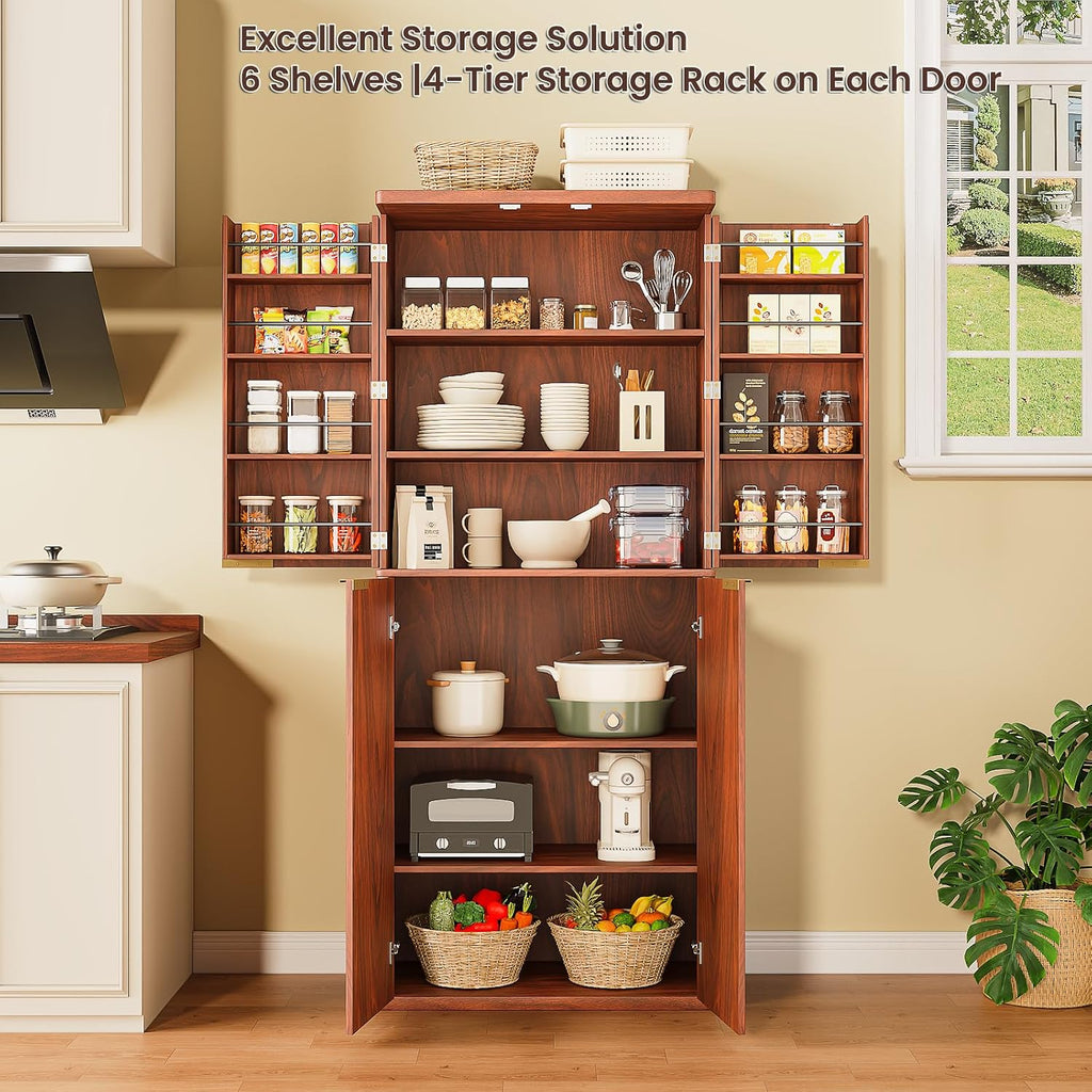 72" Tall Kitchen Pantry Cabinet with 6 Door Shelves, Modern Fluted Wood Storage Cupboard, Walnut Finish Organizer for Kitchen and Dining Fluted Cabinet Room, 30" W x Fluted Pantry c