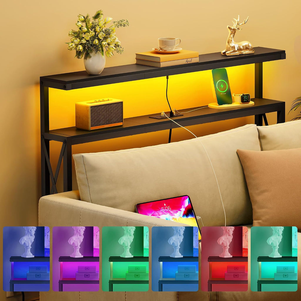 FAVOOSTY 46.8" Skinny Console Table with Charging Station and LED Light, 5.9" Narrow Sofa Table with Power Outlets and Type C & USB Port, Behind Couch Table for Living Room, Hallway, Entryway, Black