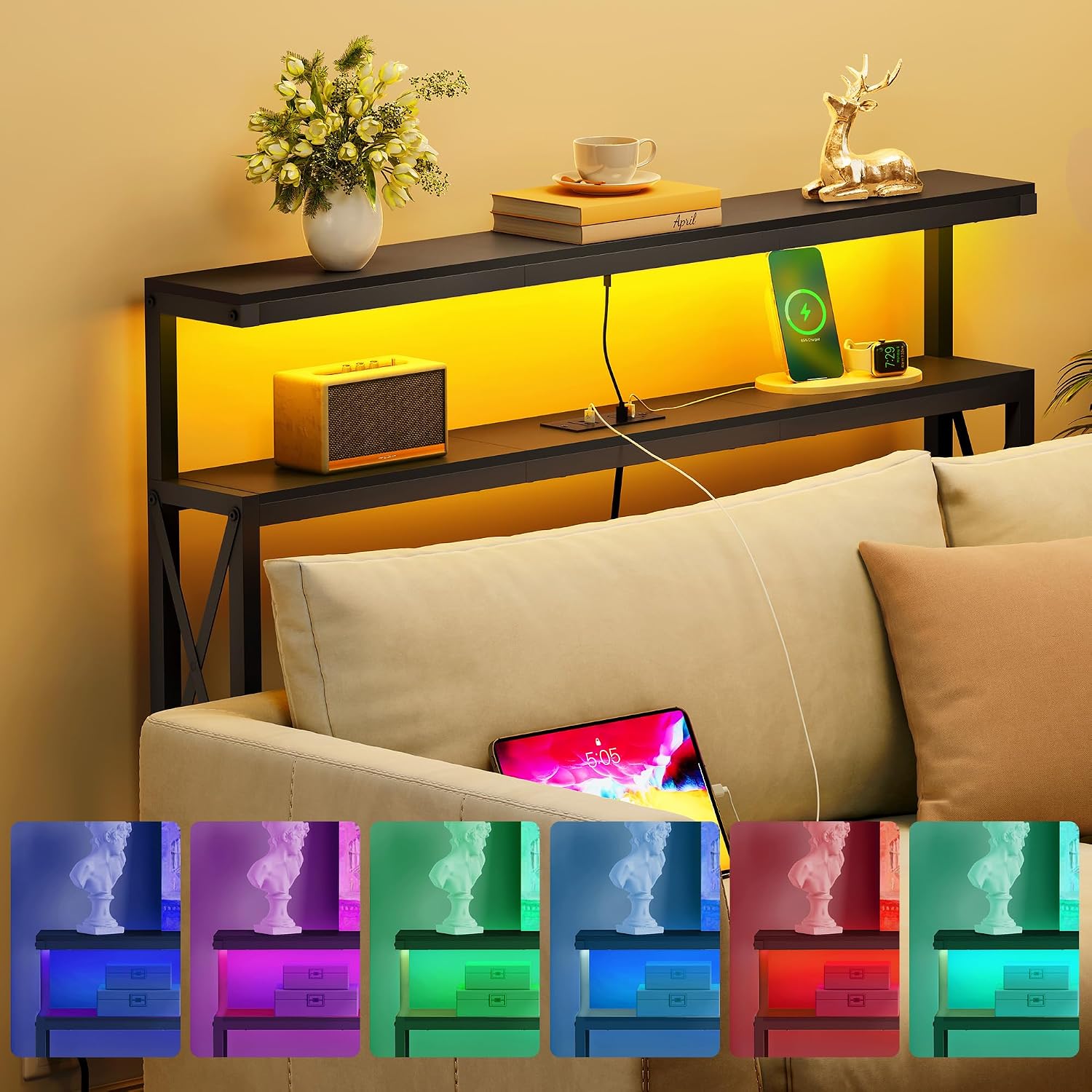 FAVOOSTY 46.8" Skinny Console Table with Charging Station and LED Light, 5.9" Narrow Sofa Table with Power Outlets and Type C & USB Port, Behind Couch Table for Living Room, Hallway, Entryway, Black
