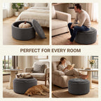 Tbfit Multi-Functional Round Storage Ottoman for Home - No-Assembly Footrest & Seat with Spacious Storage Plush Fabric Design for Living Room, Bedroom, Nursery (Dark Gray)