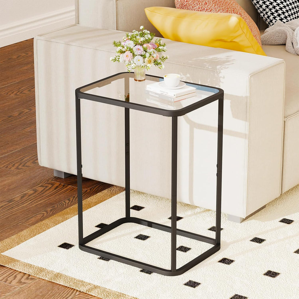 Garden 4 you Glass Side Table, Rectangle End Table with Metal Frame, Modern Bedside Table for Office, Bedroom, Living Room, Study, Small Spaces, Easy Assembly, 15.75 * 11.81 * 20.87 Inches, Black