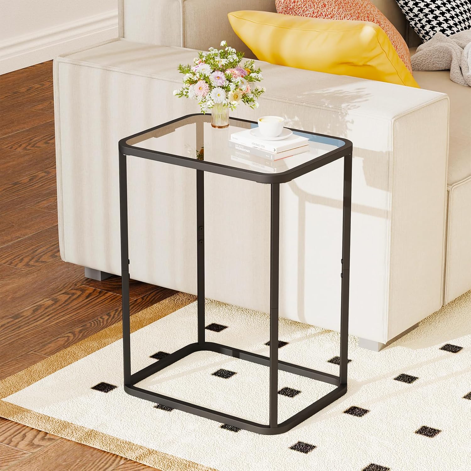 Garden 4 you Glass Side Table, Rectangle End Table with Metal Frame, Modern Bedside Table for Office, Bedroom, Living Room, Study, Small Spaces, Easy Assembly, 15.75 * 11.81 * 20.87 Inches, Black