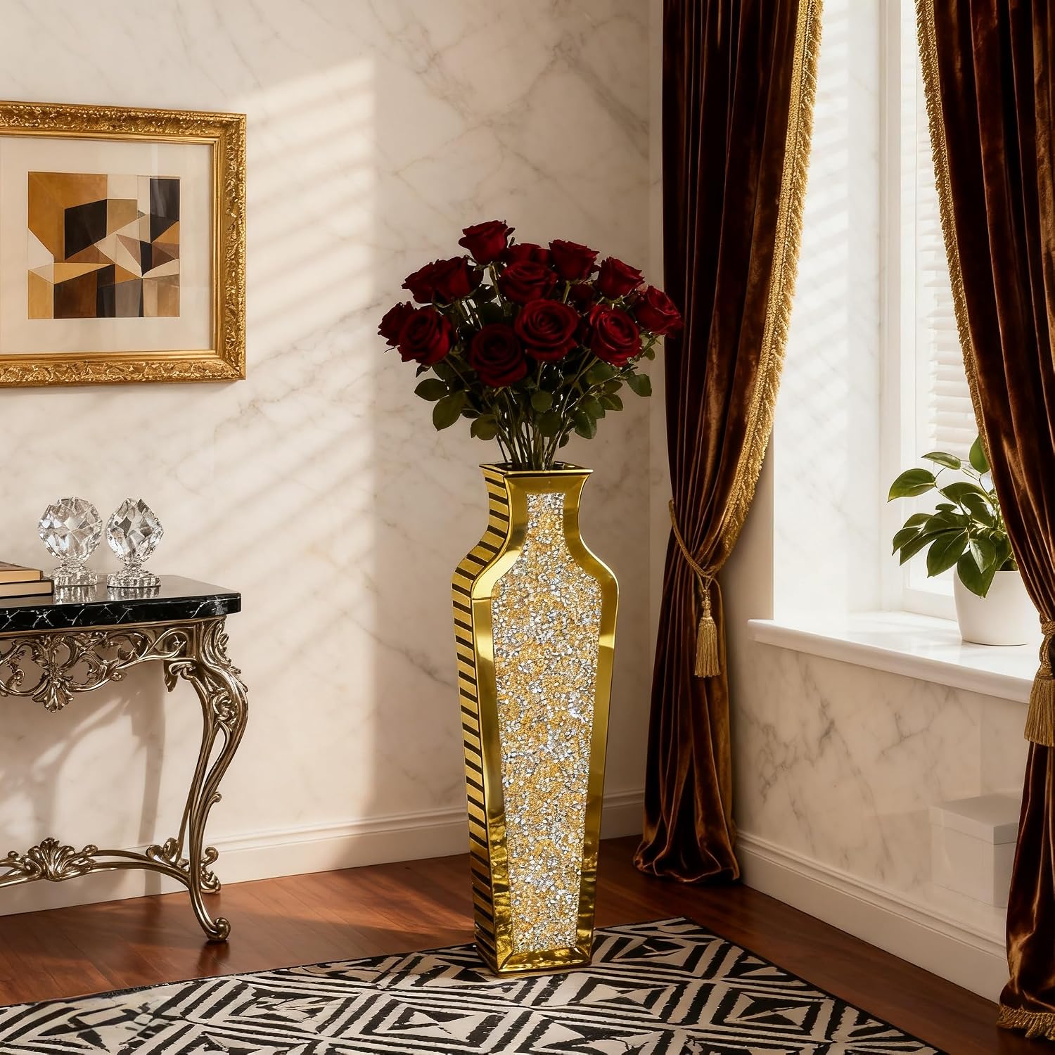 SHYFOY Gold Crushed Diamond Floor Vase, Large Mirrored Tall Vases for Floor, Modern Glass Decorative Vases for Living Room Bedroom Home Corner Indoor Office, 26.8" Tall