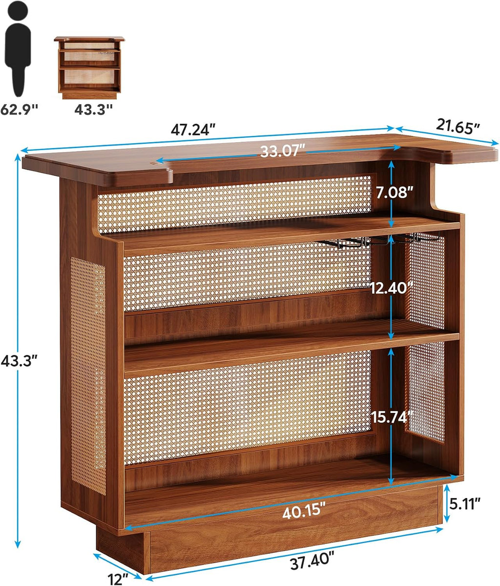 Tribesigns Rattan Home Bar Unit, Farmhouse 4-Tier Bar Table with 4 Stemware Racks and Heightened Base, Liquor Wine Bar Cabinet Mini Bar Table for Home Pub, Caramel Brown