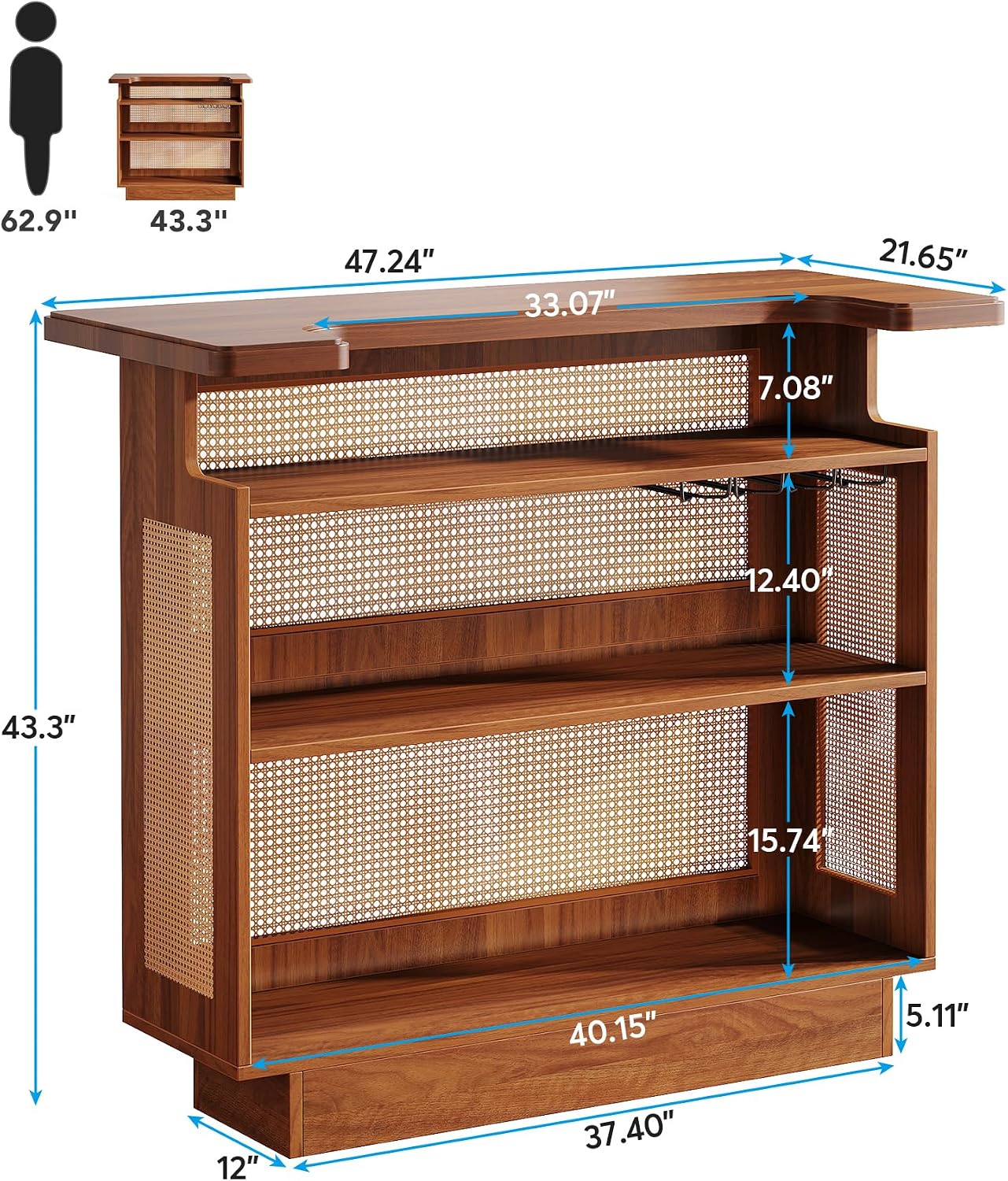 Tribesigns Rattan Home Bar Unit, Farmhouse 4-Tier Bar Table with 4 Stemware Racks and Heightened Base, Liquor Wine Bar Cabinet Mini Bar Table for Home Pub, Caramel Brown