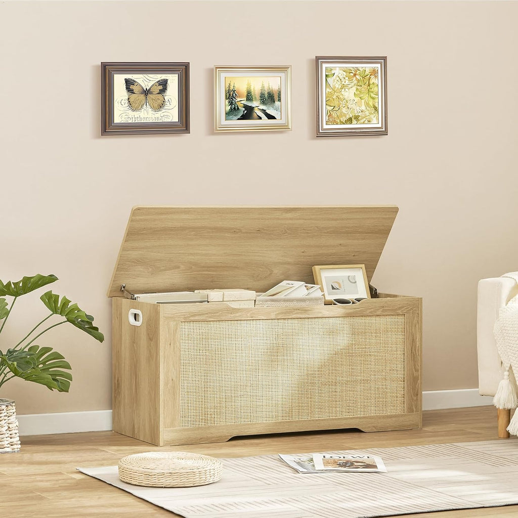 usikey 39.4” Storage Chest, Toy Box with 2 Safety Hinges, Toy Chest for Bedroom, Storage Bench with Storage, Shoe Bench, Supports 220 lb, for Living Room, Entryway, Natural