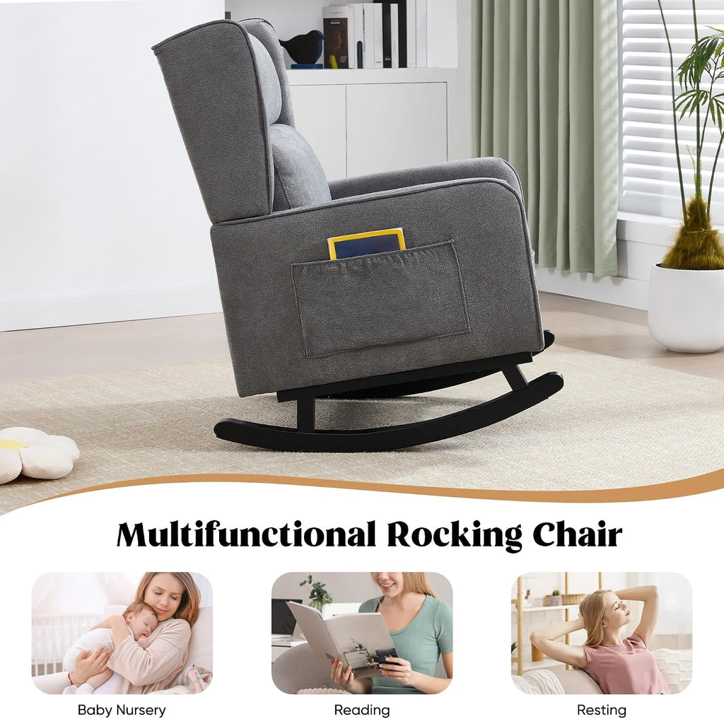 HCHAIRH Nursery Rocking Chairs, Modern Wingback Accent Chairs for Mom Nursery Rocker with High Backrest and Solid Wood Legs, Sherpa Rocking Chair Nursery for Reading Living Room Bedroom, Dark Grey