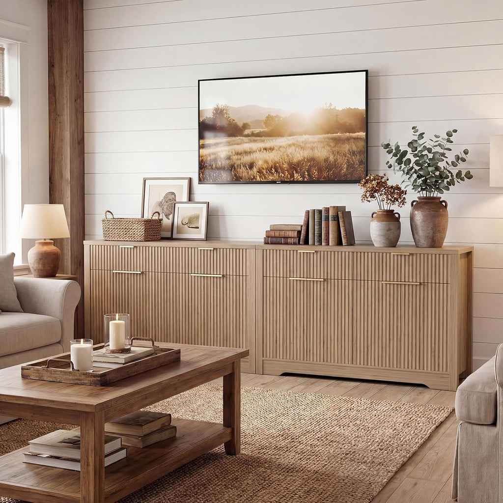 Cyclysio 55" Fluted Buffet Cabinet with Drawers, Modern Sideboard Credenza with Adjustable Shelves, Coffee Bar Table with Storage for Dining Room, Entryway, Kitchen, Natural Oak