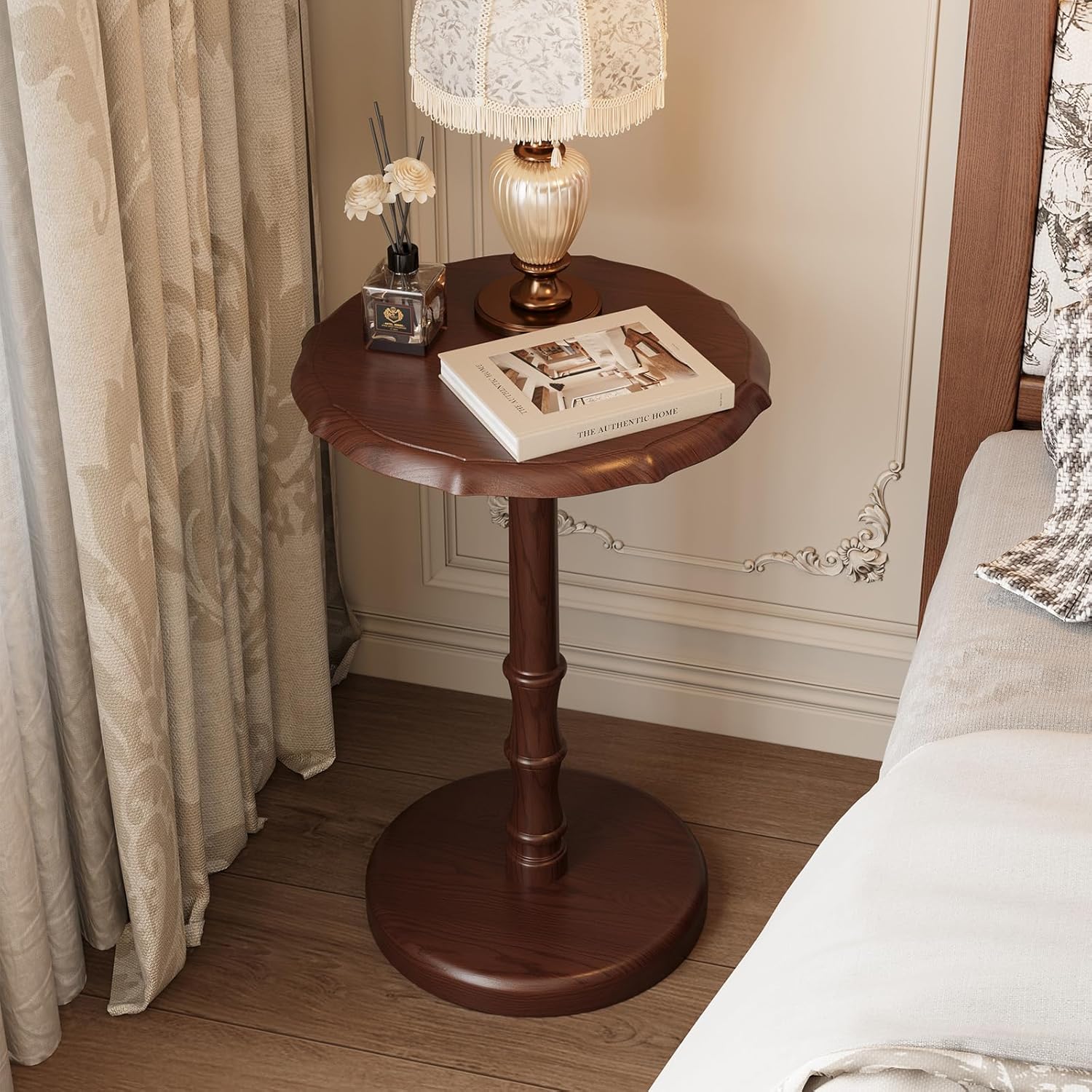 100% Solid Wood Round Pedestal Side Table, Vintage End Table for Living Room Bedroom, Heavy-Duty Antique Accent Table for Corner Spaces, Small Bedside Nightstand, 5-Min Assembly, Walnut