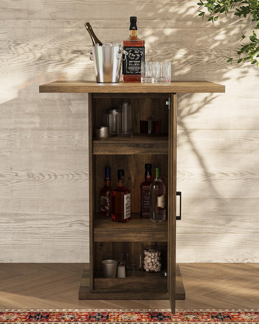 LITTLE TREE Bar Table with Storage Cabinet, 39.4" H Square High Top Pub Table, Wood Bistro Cocktail Table, Farmhouse Design with 3-Tier Cabinet for Pub, Bistro, Bar, Coffee, Dining Rustic Brown