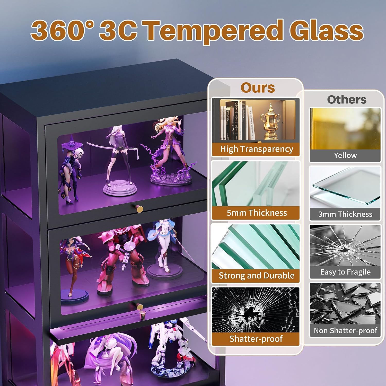 4 Tier Glass Display Cabinet with Flip-Up Doors, 55" Curio Cabinet with 13-Color LED Lights, 3-Side Tempered Glass Metal Display Cabinet for Books, Figures, Collectibles, Black