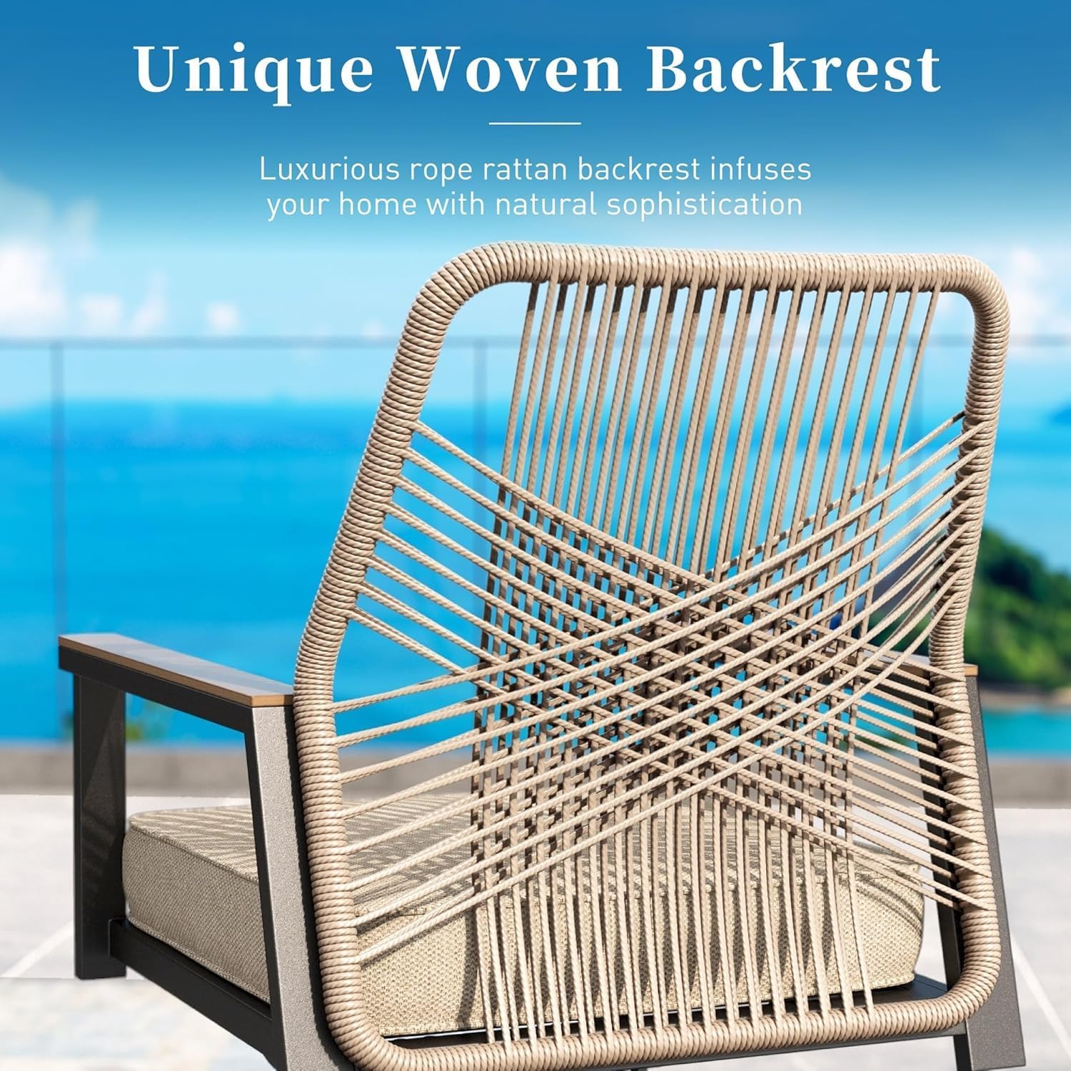 SUNSHINE VALLEY Patio Dining Chairs Set of 8, Heavy-Duty Woven Rope Outdoor Chairs with Waterproof Cushion and Wrought Iron Frame, All-Weather Outside Seating for Kitchen Garden Deck Backyard