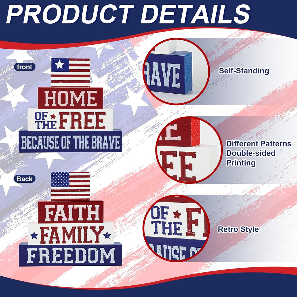 4th of July Decorations Table Sign Wood Patriotic Decorations Double-Sided Printed 4 Pcs, Independence Day Table Decorations Memorial Day Americana Tiered Tray Decor Rustic Farmhouse Block Sign Veterans Day for Party Home Desk