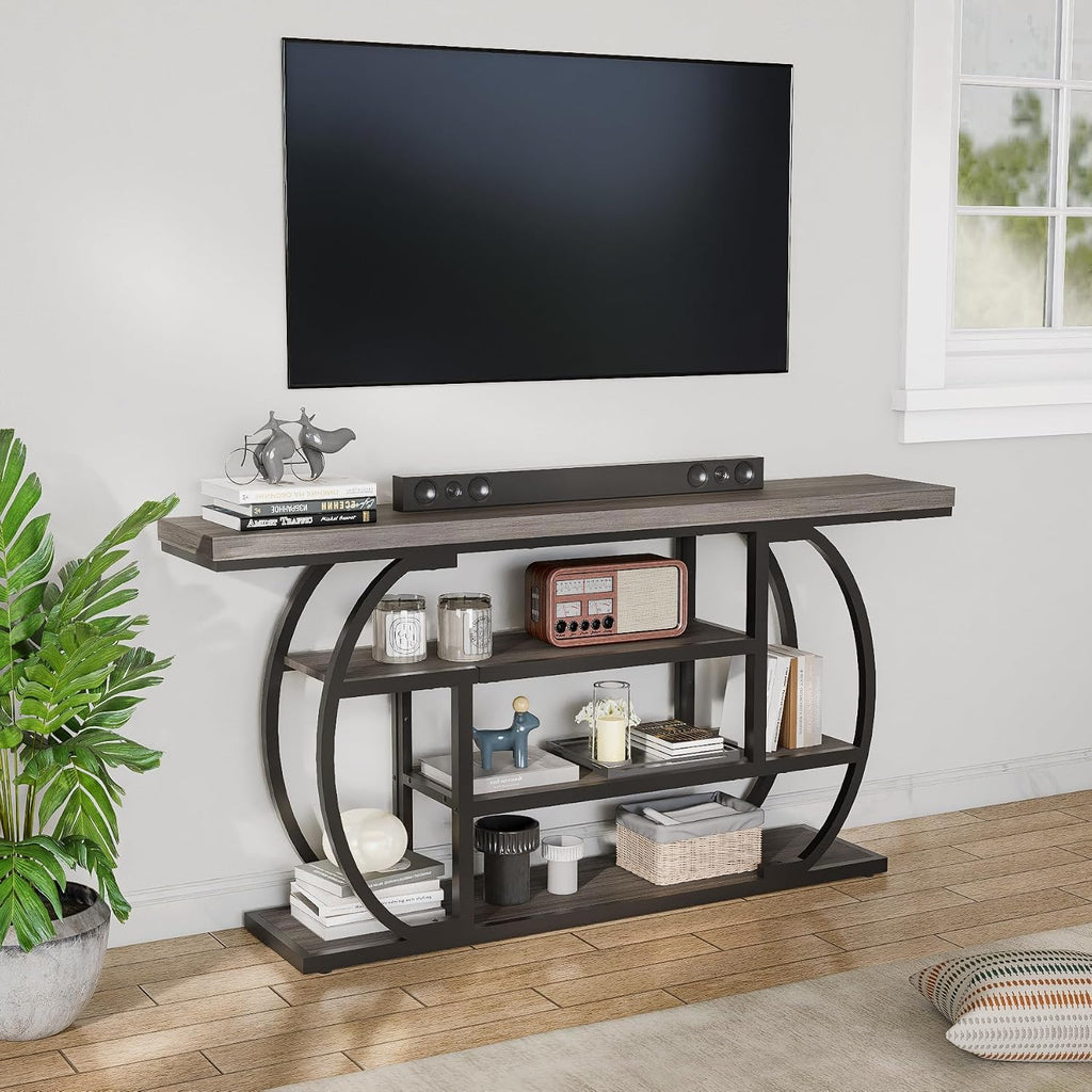 63” Industrial Console Table with 4-Tier Display Shelves, Narrow Long Sofa Table Behind Couch, Entryway/Hallway/Foyer Accent Table with Metal Frame for Living Room (Gray) (Grey)