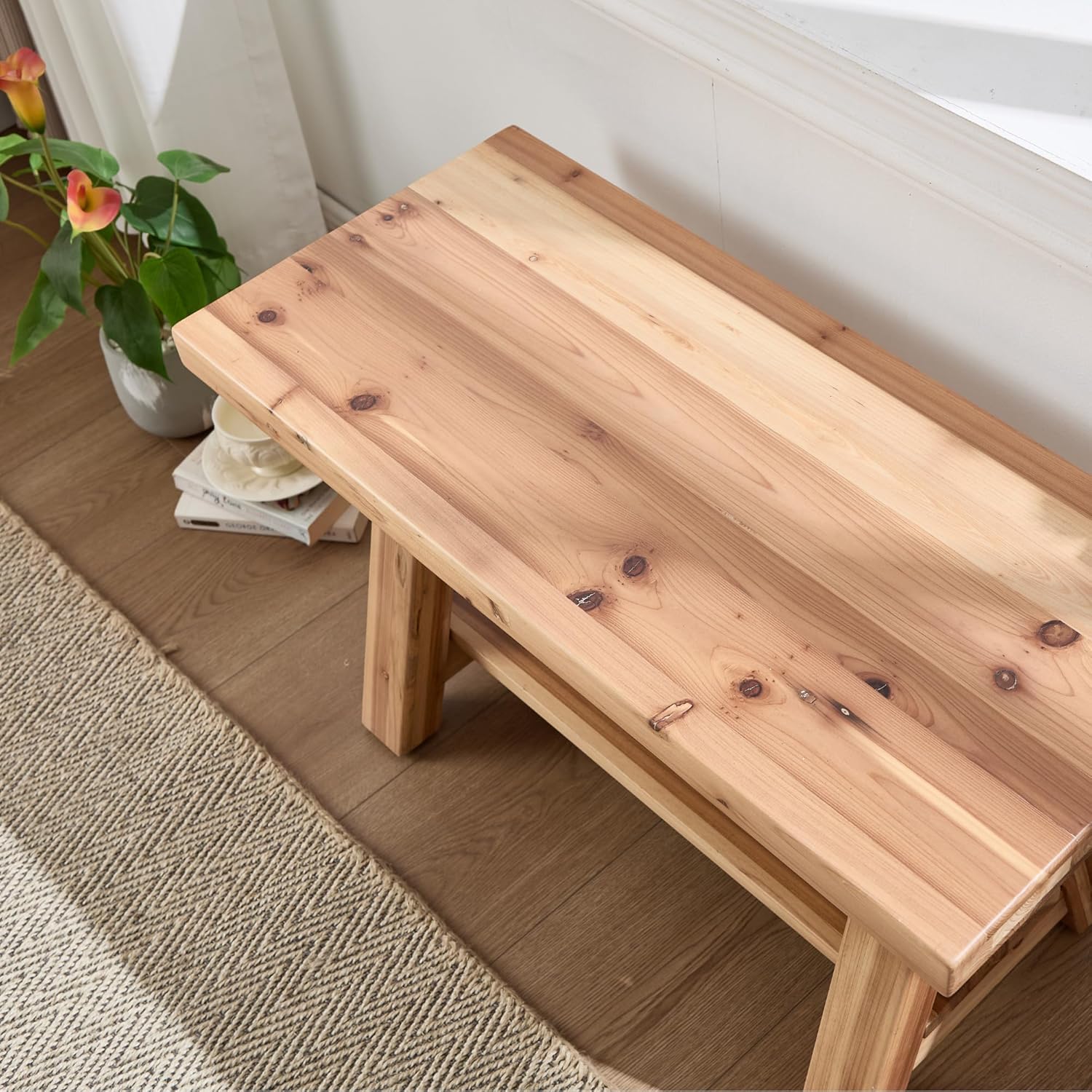 30" Entryway Bench with Storage Farmhouse Narrow Dining Bench Shoe Rack Small Wooden Benches Holds up to 300lbs for Hallway Living Room Dining Room Bedroom，2 Tiers, Natural