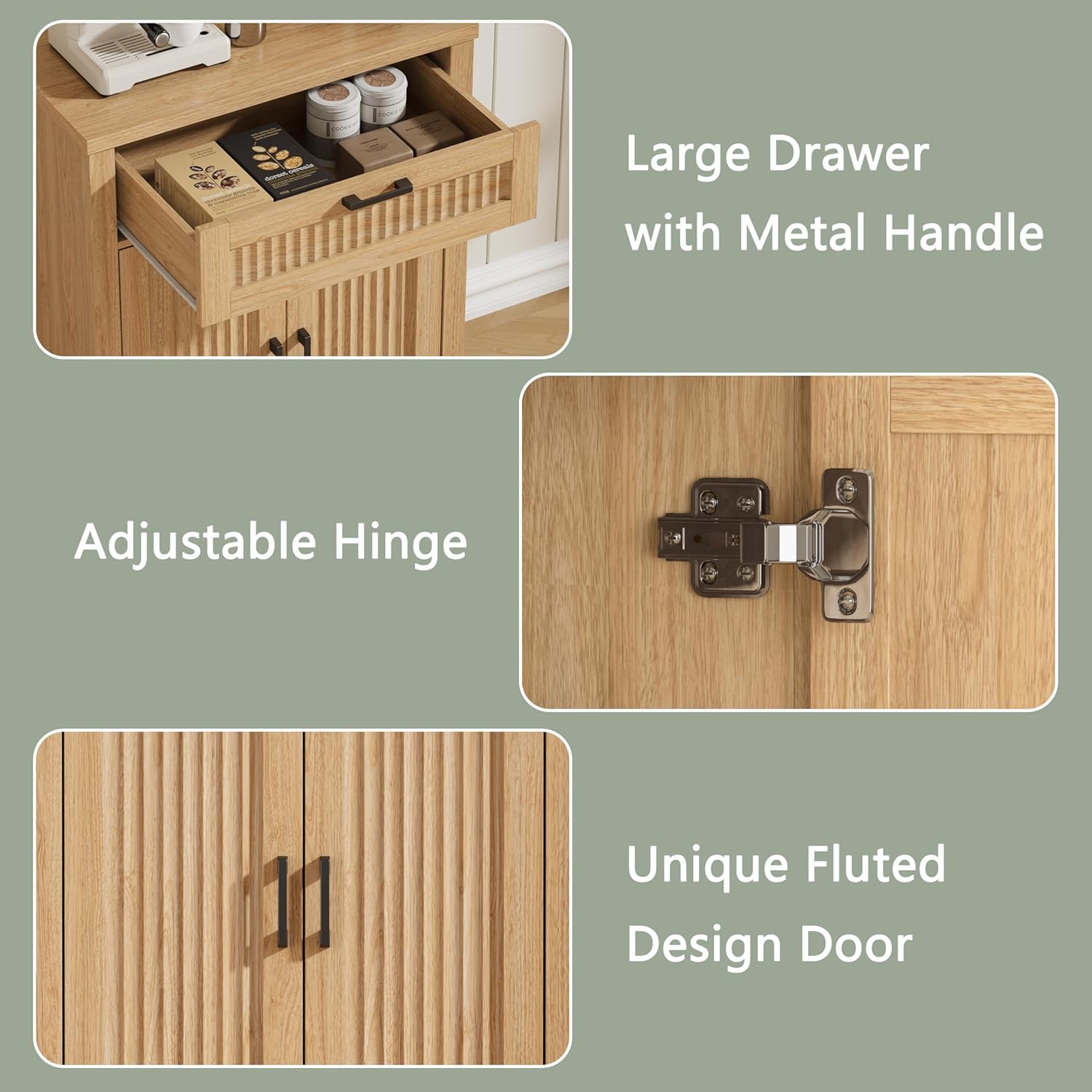 Buffet Cabinet with Storage Drawer, Farmhouse Coffee Bar Table with Storage Drawer and Adjustable Shelf, Small Fluted Sideboard Cabinet for Kitchen, Dining Room, Living Room, Entryway, Natural Oak