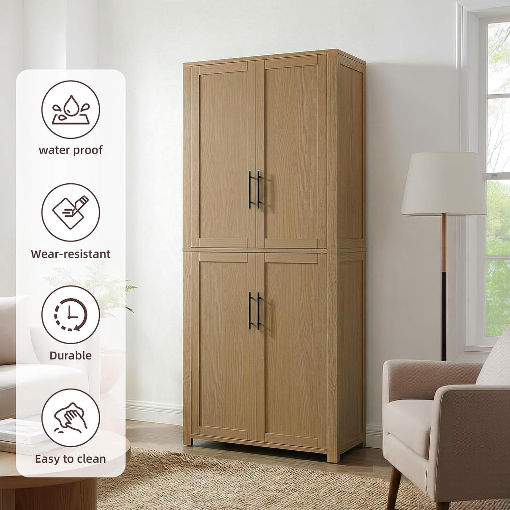67" Tall Kitchen Pantry Cabinet, 28" W Storage Cabinet for Kitchen | 67" x 28" x 15" size, 4 adjustable shelves, engineered wood, anti-tip compatible, Shaker doors, Oak