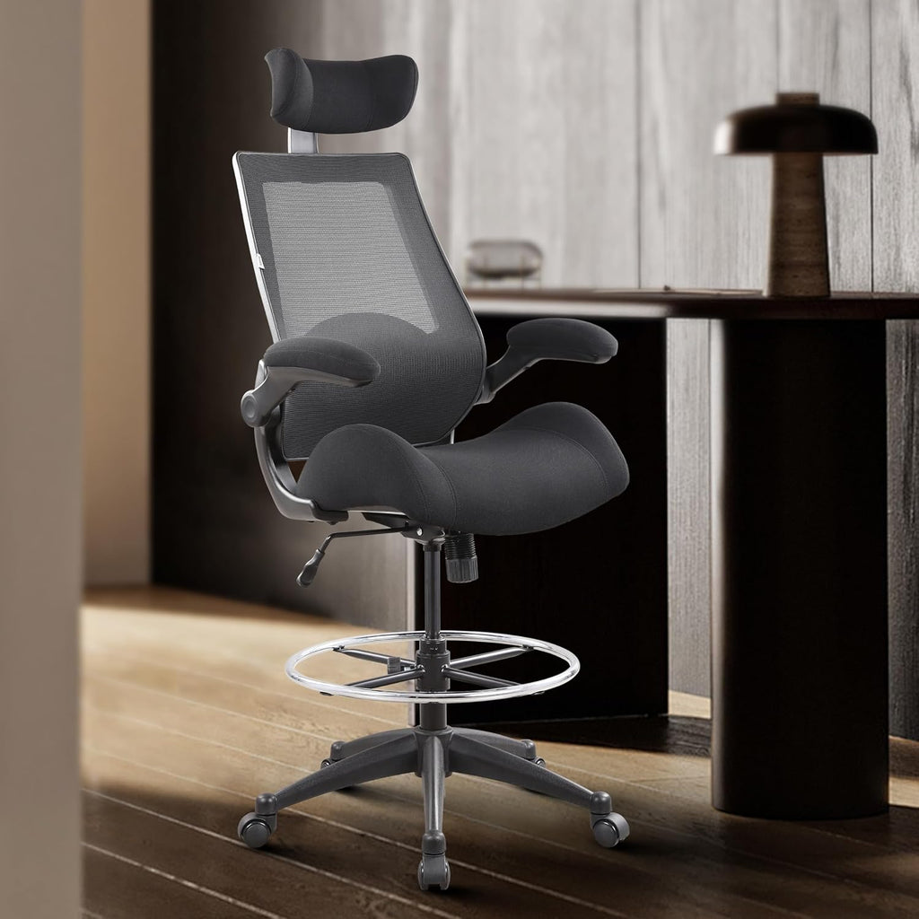 BOLISS Drafting Chair Tall Office Chair with Flip-up Armrests Executive Ergonomic Computer Standing Desk Chair with Lumbar Support and Adjustable Big Footrest Ring (Black)