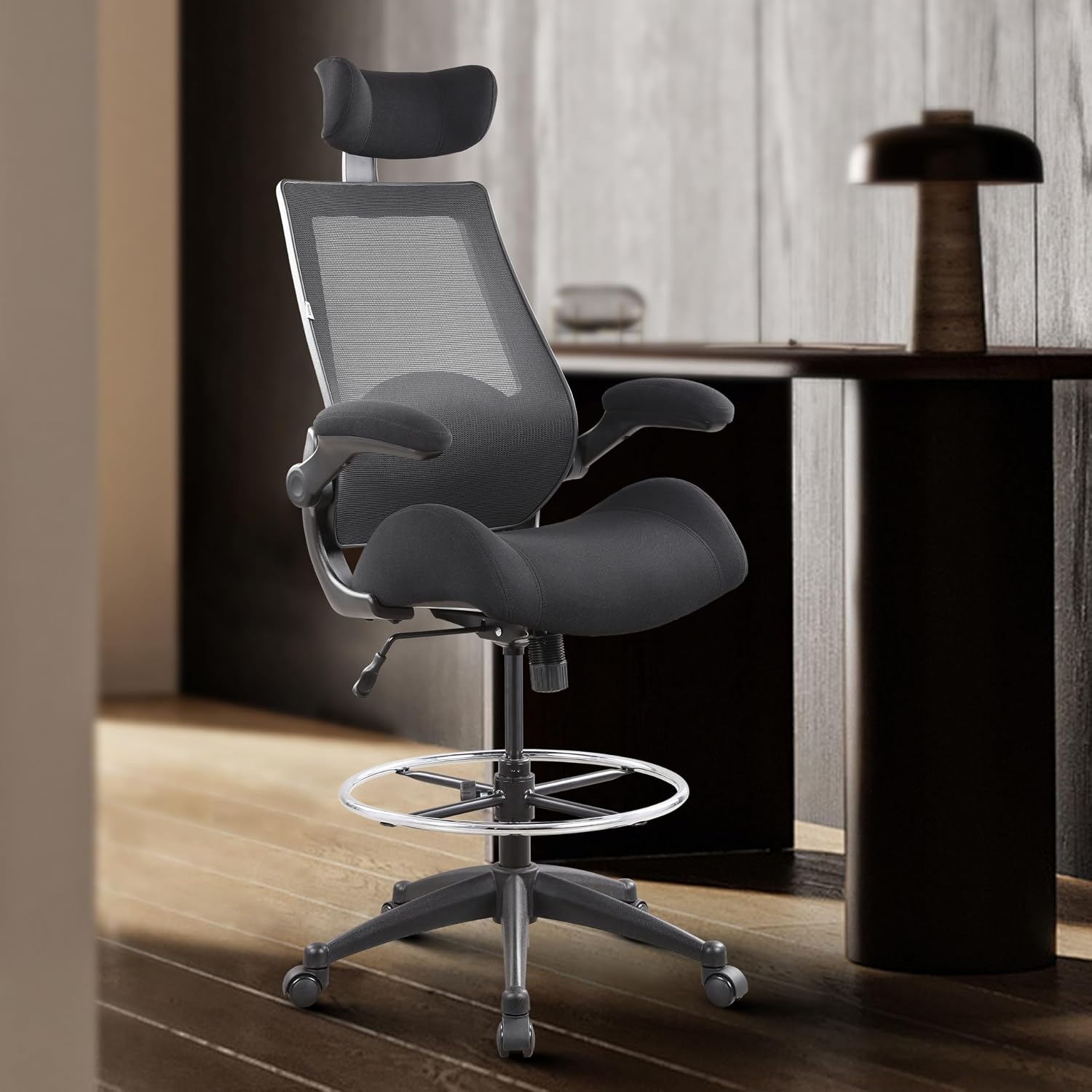 BOLISS Drafting Chair Tall Office Chair with Flip-up Armrests Executive Ergonomic Computer Standing Desk Chair with Lumbar Support and Adjustable Big Footrest Ring (Black)