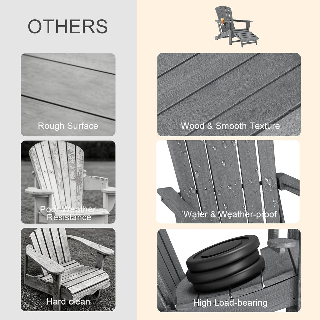 Folding Adirondack Chair with Retractable Ottoman,HDPE Outdoor Adirondack Chair with Cup Holder,All-Weather Lounge Chairs for Outside,Patio,Pool,Fire Pit,Grey