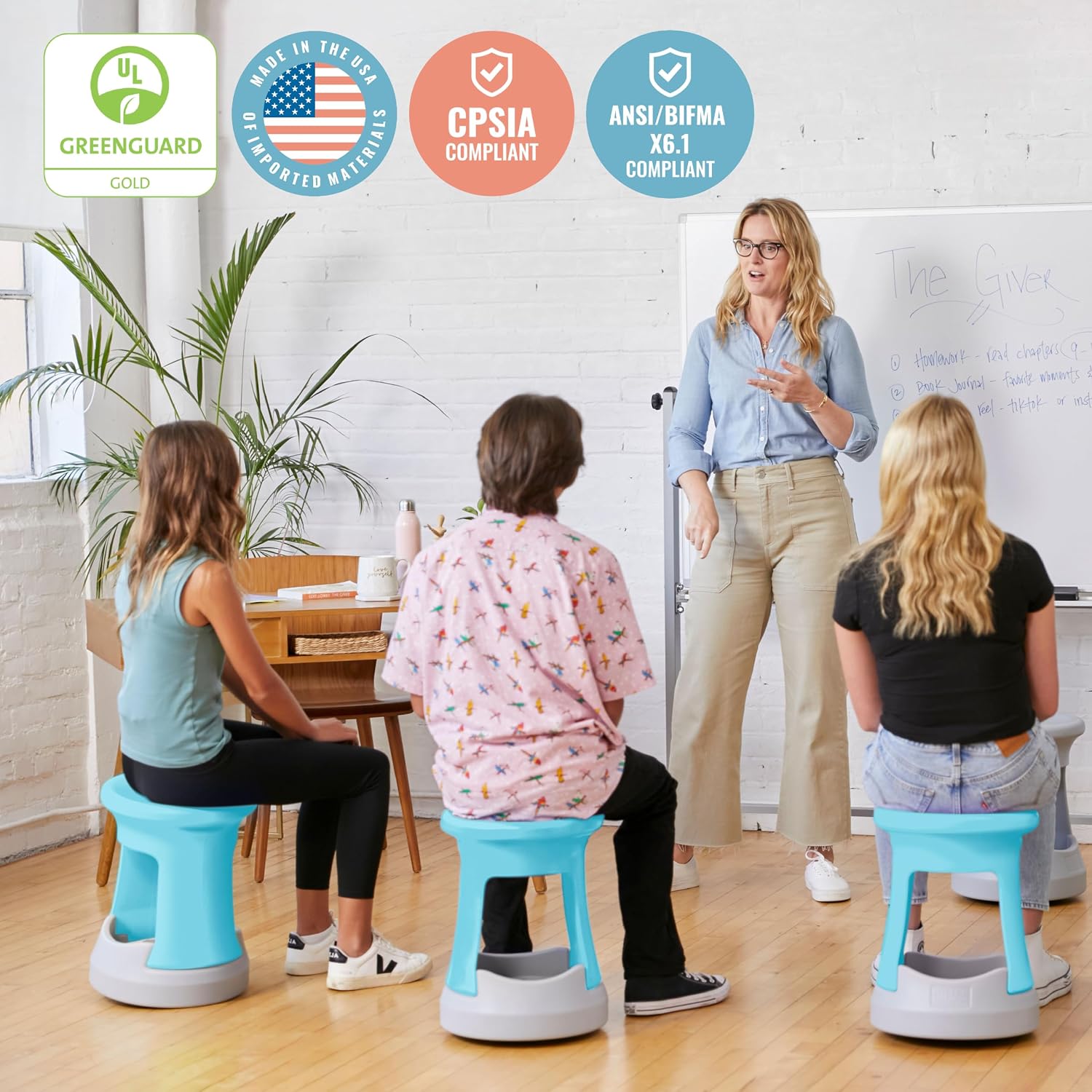 ECR4Kids Active Storage Wobble Stool, 18in Seat Height, Children's Furniture, Cyan/Light Grey
