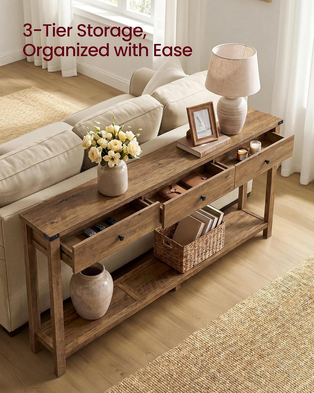 VASAGLE LIRY Collection Narrow Console Table with 3 Drawers and Storage Shelf, Long Sofa Table 9.4 x 63 x 29.9 Inch, Easy Assembly, for Entryway, Living Room, Farmhouse Style, Honey Brown ULNT148K101