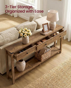 VASAGLE LIRY Collection Narrow Console Table with 3 Drawers and Storage Shelf, Long Sofa Table 9.4 x 63 x 29.9 Inch, Easy Assembly, for Entryway, Living Room, Farmhouse Style, Honey Brown ULNT148K101