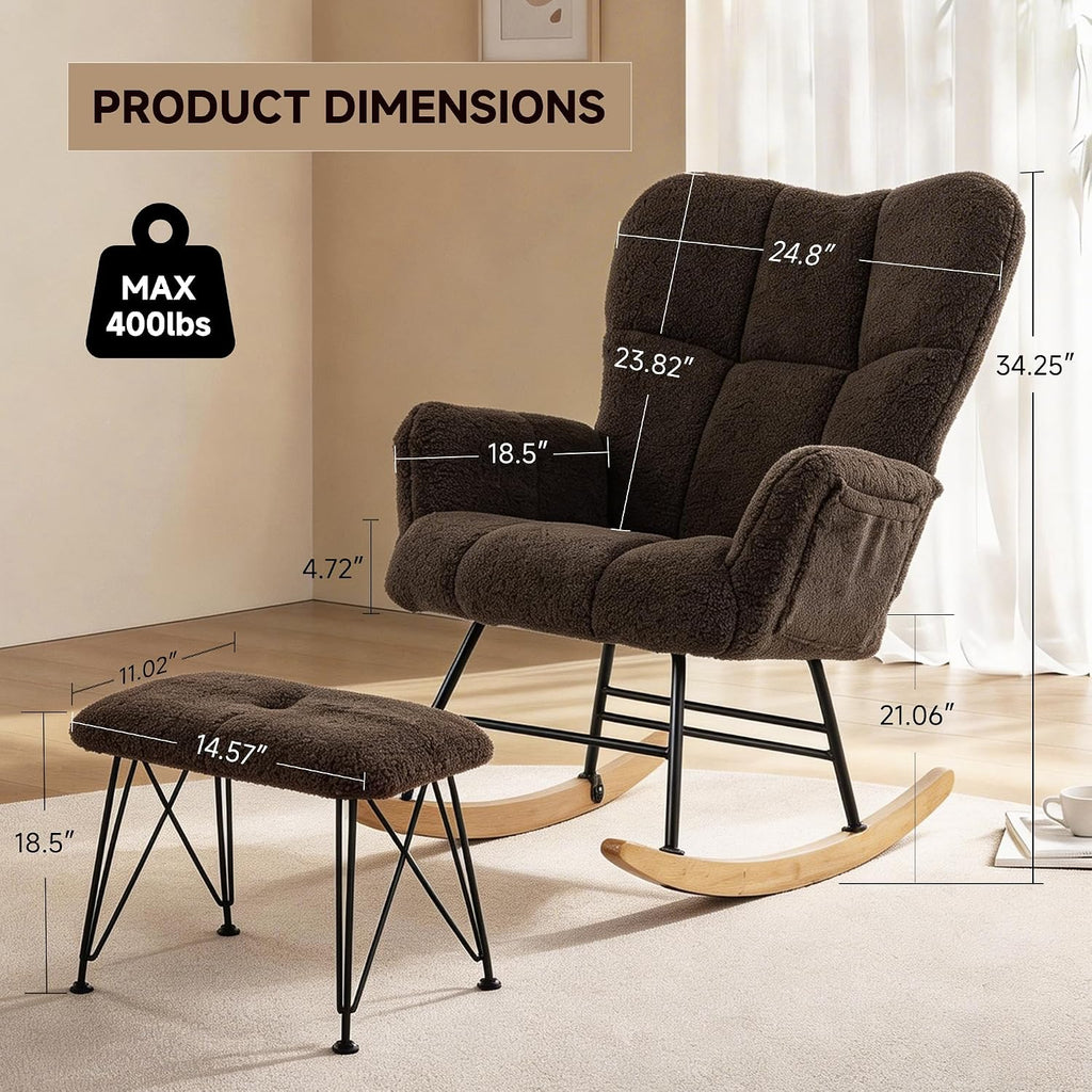KEEZY Nursery Rocking Chair with Footrest,Teddy Upholstered Glider Rocker Rocking Accent Chair Padded Seat with High Backrest Armchair Comfy Side Chair for Living Room Bedroom (Teddy)