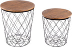 Lavish Home End Tables - Round Nesting Tables Set of 2, Brown Woodgrain | 17.5”/15.5” Side Tables with Removable Wood Tops & Metal Basket Bases for Blanket Storage, Living Room, Bedroom & Home Office