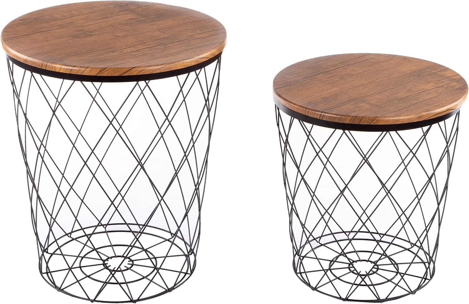 Lavish Home End Tables - Round Nesting Tables Set of 2, Brown Woodgrain | 17.5”/15.5” Side Tables with Removable Wood Tops & Metal Basket Bases for Blanket Storage, Living Room, Bedroom & Home Office