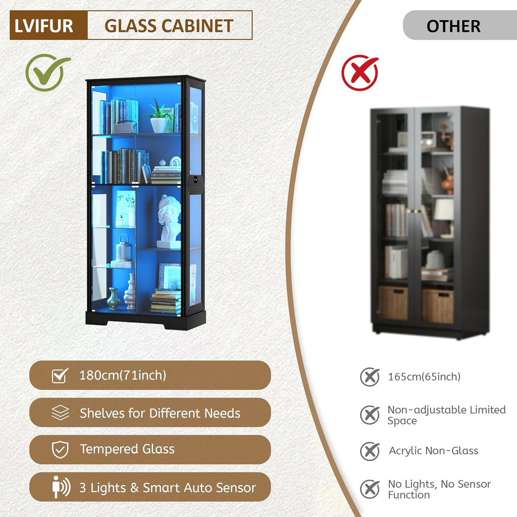 71” Display Cabinet with Glass Doors, Modern Curio Cabinet with 3 Color Lights, 7-Tiers Glass Display Cases for Collectibles, Tall Lego Storage Cabinet with Human Body Sensor, Gift for Father (Black)
