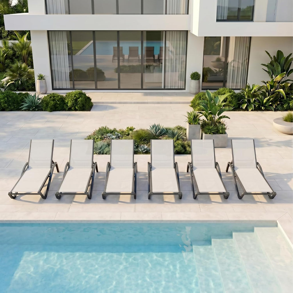 Patio Chaise Lounge Chairs Set of 6, All-Weather Aluminum Pool Loungers for Outside, 5-Position Adjustable Sunbathing Chairs for Tanning, Stackable for Backyard, Poolside, White