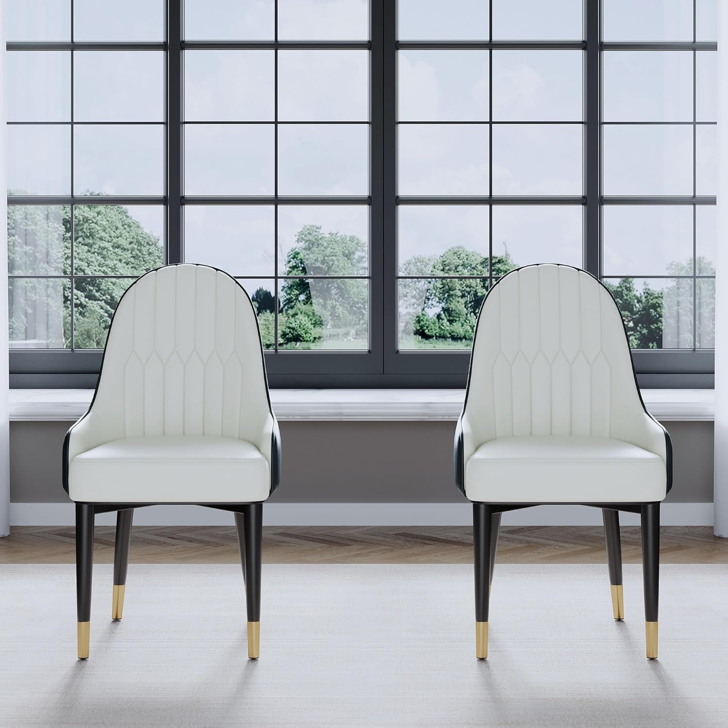 AF ARTISAN FURNITURE Black White Dining Chairs Set of 2 with High Backs Mid Century Modern Kitchen Dining Room Chairs PU Faux Leather Upholstered Large Padded Accent Chair with Legs