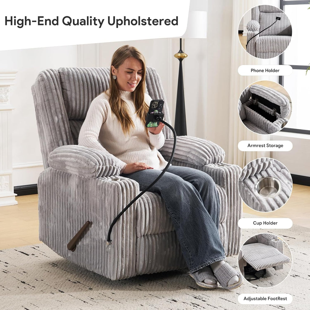 Manual Recliner Chair with Adjustable Headrest, Oversized Swivel Rocker Recliner for Adults with Arm Storage, Nursery Glider Recliner with Phone Stand and Side Pockets for Living Room, Light Grey