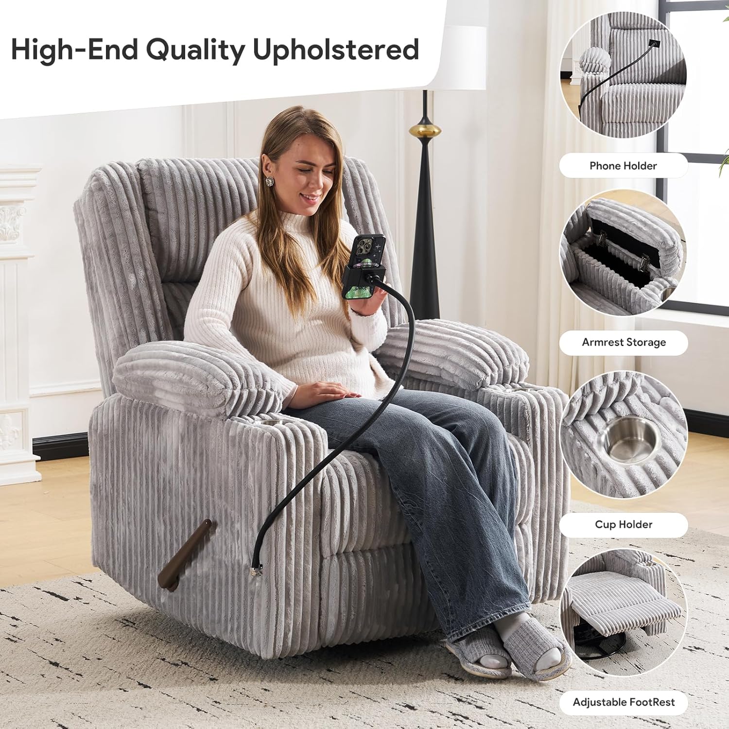 Manual Recliner Chair with Adjustable Headrest, Oversized Swivel Rocker Recliner for Adults with Arm Storage, Nursery Glider Recliner with Phone Stand and Side Pockets for Living Room, Light Grey