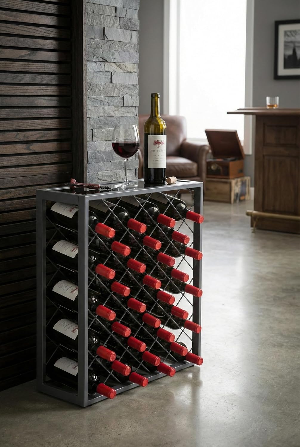 Mango Steam 32 Bottle Gray Wine Rack with Gray Glass Top Shelf, Free Standing for Home, Kitchen and Bar