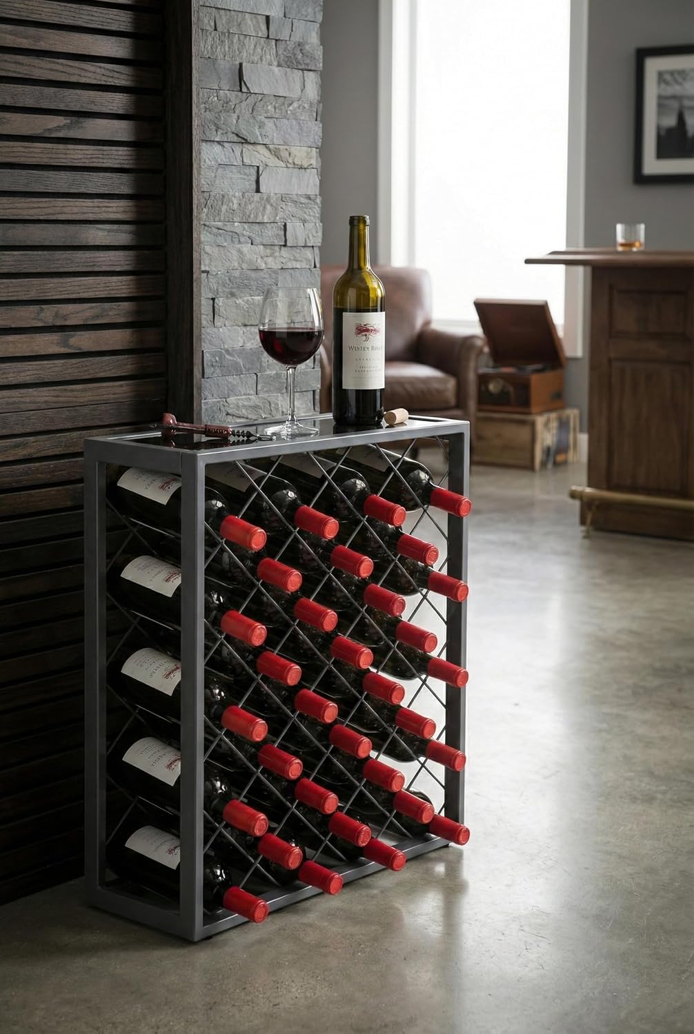 Mango Steam 32 Bottle Gray Wine Rack with Gray Glass Top Shelf, Free Standing for Home, Kitchen and Bar