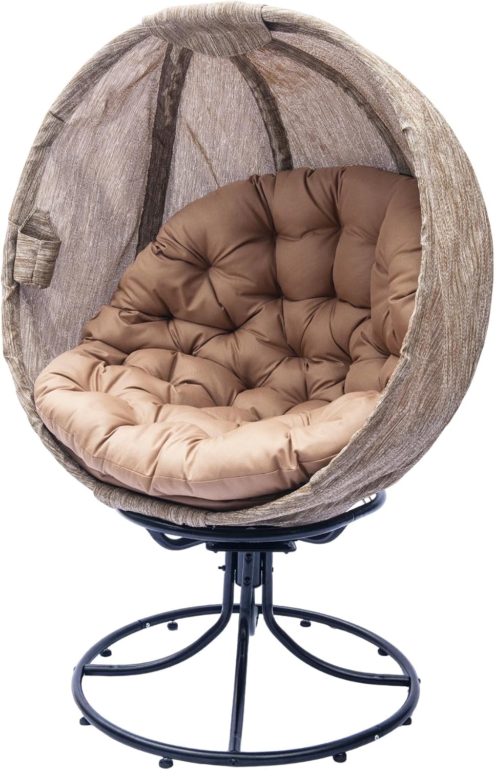 Oversized 360 Swivel Egg Chair - Foldable Rattan Seat w/Cushions, Outdoor Indoor Lounge Chair for Patio, Pool, Balcony & Living Room (Small Leaf Jacquard Khaki-2)