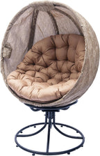 Oversized 360 Swivel Egg Chair - Foldable Rattan Seat w/Cushions, Outdoor Indoor Lounge Chair for Patio, Pool, Balcony & Living Room (Small Leaf Jacquard Khaki-2)