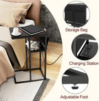 Livofloral C Shaped End Table with Charging Station, Small Side Tables for Couch with Storage Bag, Couch Side Tables for Living Room, C-Table for Sofa, Small Bedside Table for Bedroom, Black