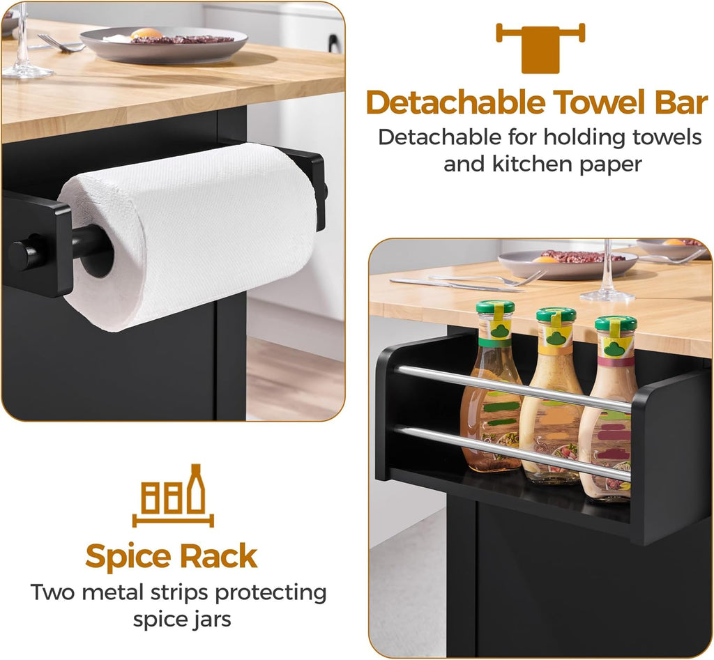 Yaheetech Kitchen Island Cart with Drop Leaf, 49" Rolling Island Table with Storage, Drawer, Kitchen Cart with Rubberwood Top, Detachable Towel & Spice Rack, Black
