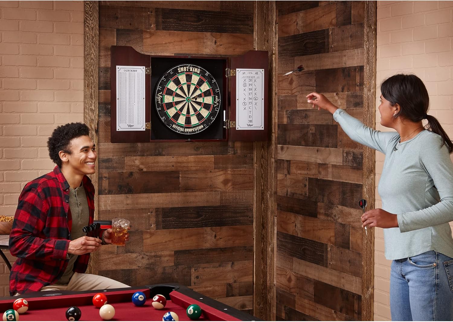 Viper Hudson Solid Wood Cabinet for Sisal/Bristle Steel Tip Dartboard with Dry Erase Scoreboard and Out-Chart, Mahogany Finish