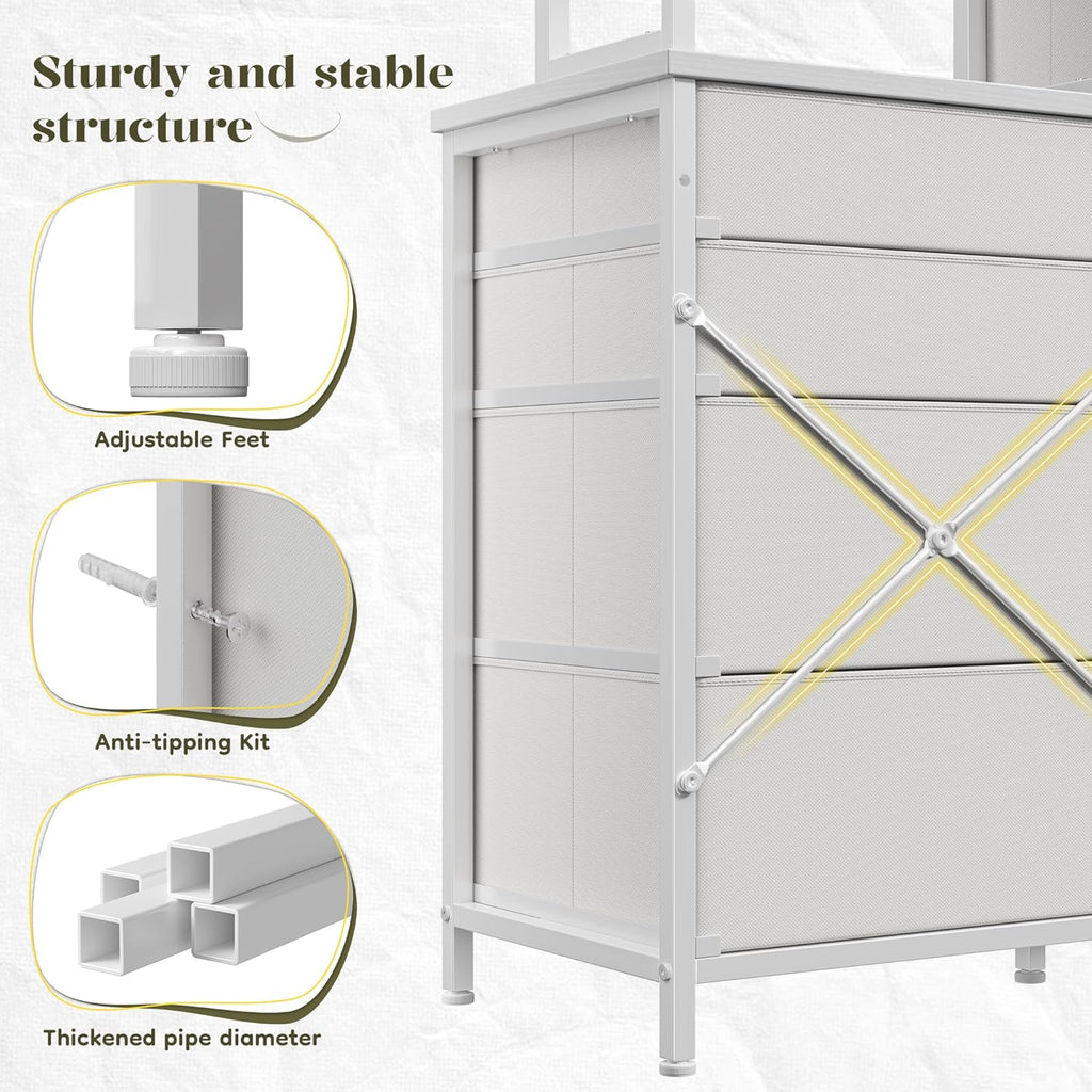 Romorgniz White Dresser for Bedroom with 12 Drawers & LED Lights, Fabric Dressers & Chests of Drawers with Open Shelves, Vanity Dresser Organizer with Metal Frame Wooden Shelf for Entryway Closet
