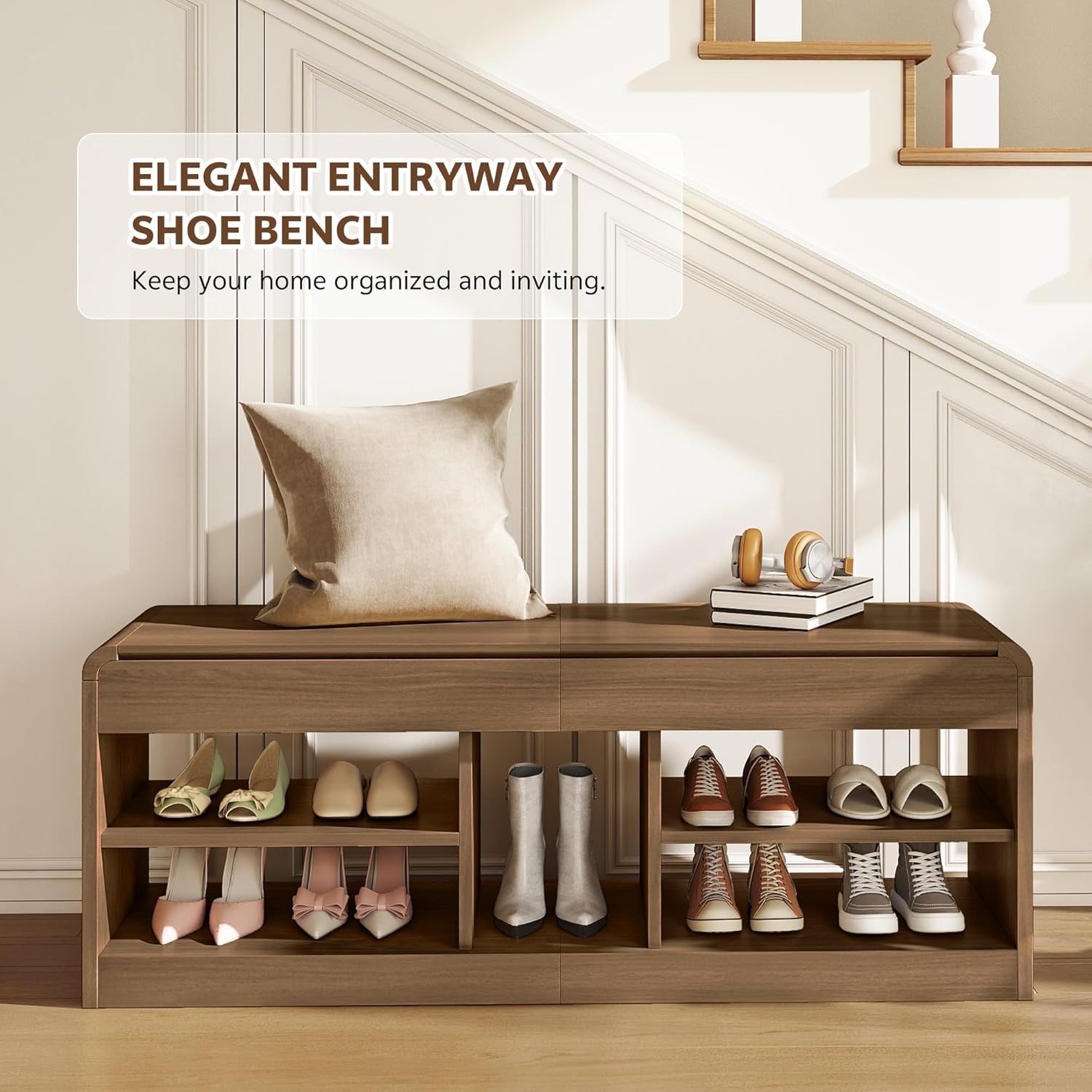 Shoe Storage Bench, 47.2in Entryway Bench with Flip-Open Storage Box, 2 Tier Shoe Rack Organizer with Shelf, Entryway Cabinet for Hallway Living Room Bedroom, Walnut
