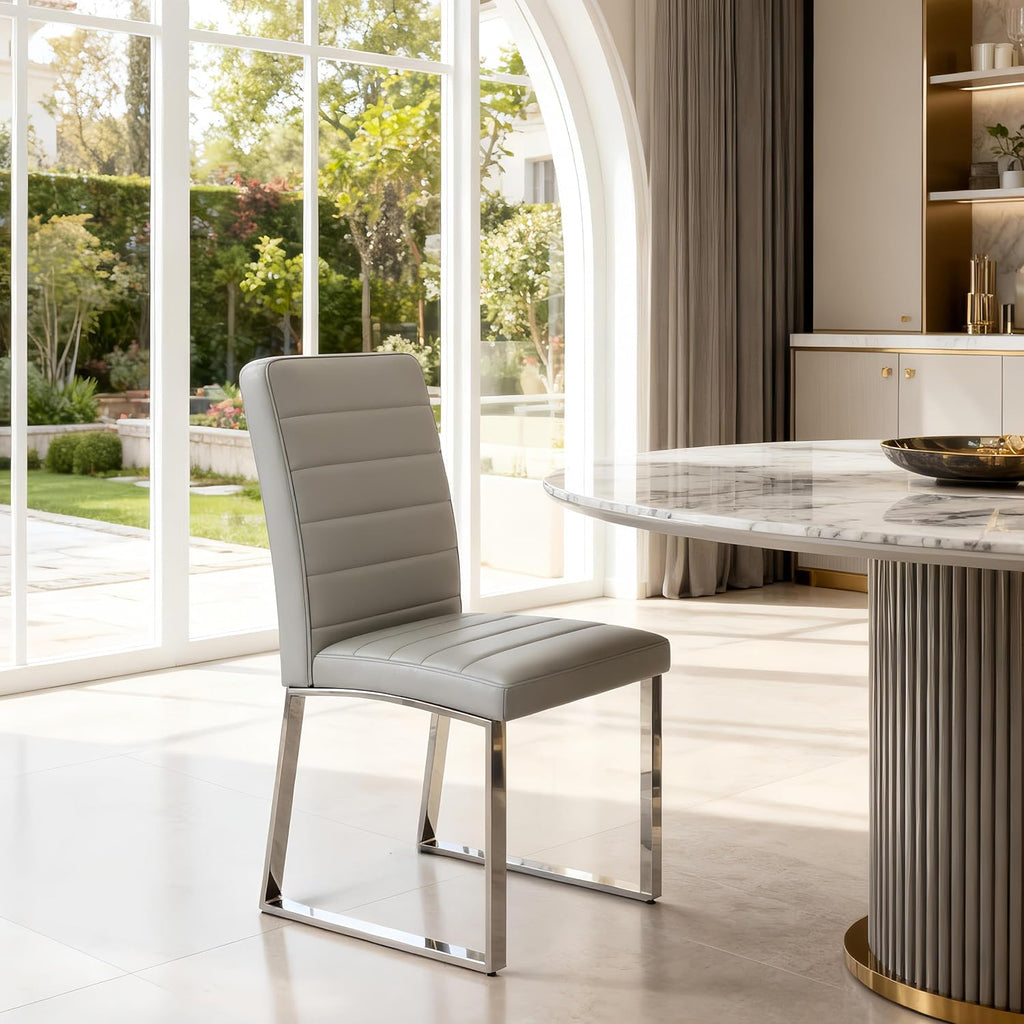 Modern Dining Chairs Set of 6, Grey Faux Leather Kitchen Chairs, Upholstered Armless Dining Room Chair with Silver Metal Legs Heavy Duty, Comfortable (Grey Chiars, Set of 6)