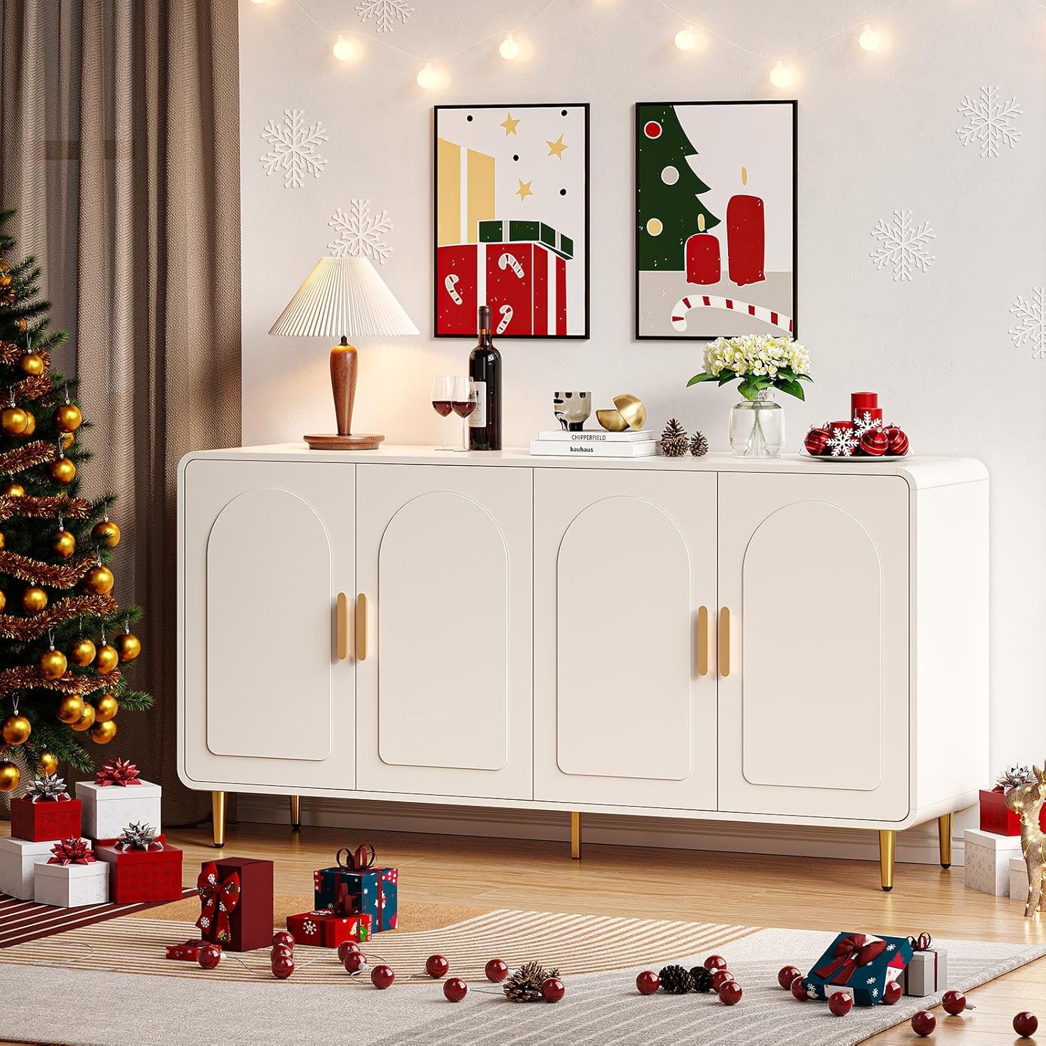ONBRILL 60" Sideboard Buffet Cabinet, Large Credenza Storage Cabinet, Modern Console Table with Doors and Shelves, White Coffee Bar for Living Dining Room Kitchen Hallway