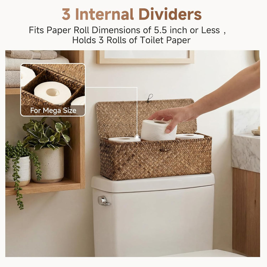 StorageWorks Toilet Paper Storage Basket with Lid, Large Wicker Baskets with 3 Compartments, Seagrass Back of Toilet Basket for Tank Topper, Shelves Organizer, 16½"x 5½"x 5½, 1-Pack