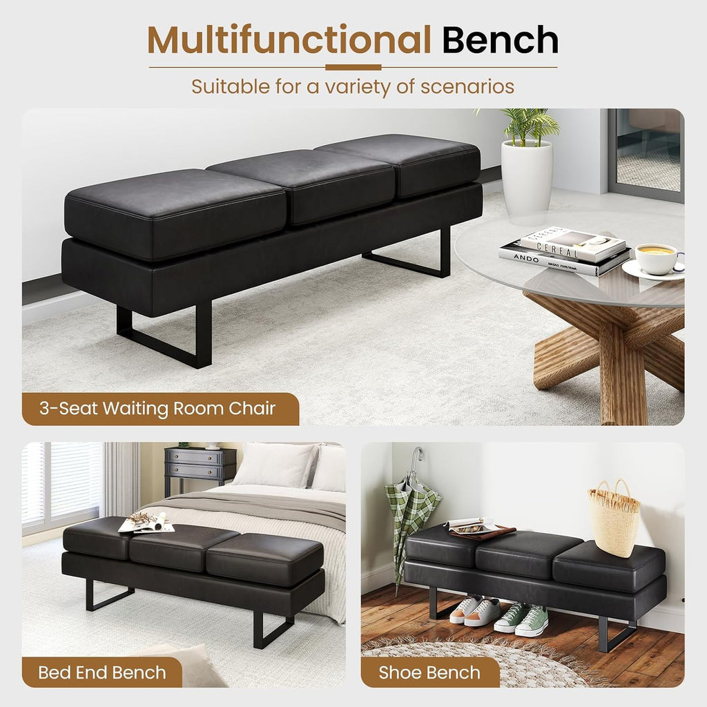 Giantex Waiting Room Bench, Faux Leather Office Guest Chair with 3 Seats, 660 Lbs Capacity, Metal Frame, Reception Chair, Upholstered Bench for Lobby, Conference Room, Entryway, Dining Room (Black)