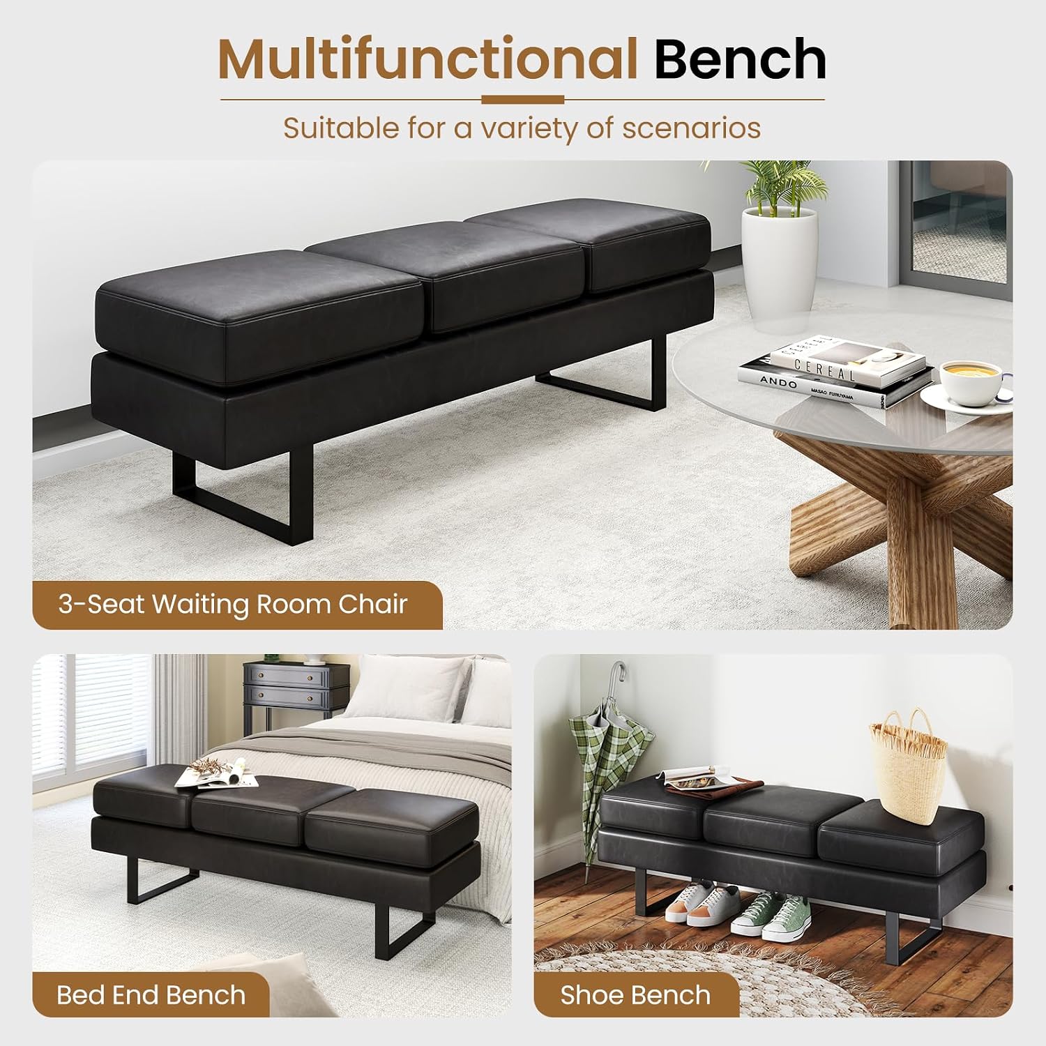 Giantex Waiting Room Bench, Faux Leather Office Guest Chair with 3 Seats, 660 Lbs Capacity, Metal Frame, Reception Chair, Upholstered Bench for Lobby, Conference Room, Entryway, Dining Room (Black)